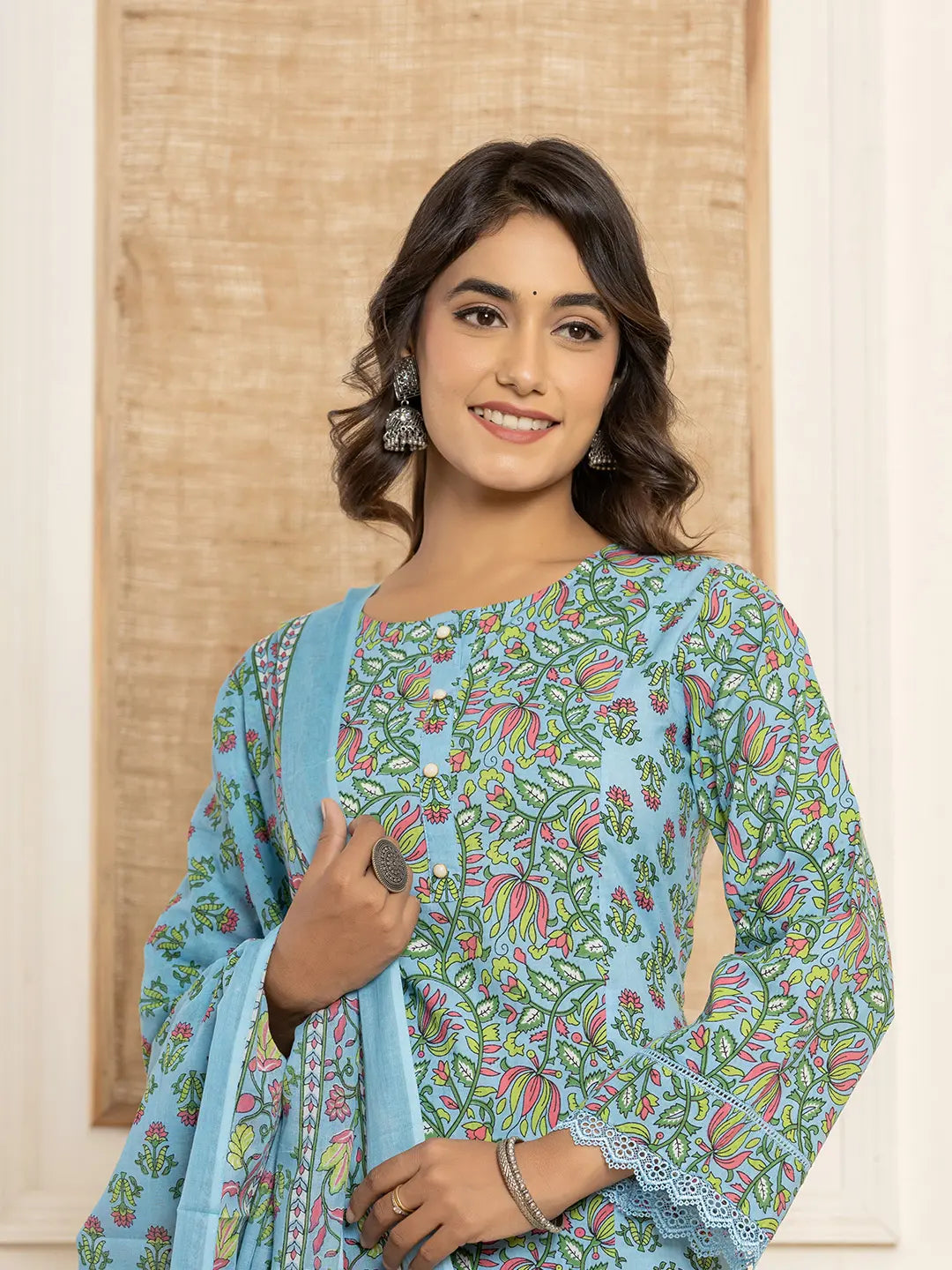 Women's Sky Blue Cotton Sky Blue Leaf Print Cotton Pakistani Style Kurta And Trousers With Dupatta by Yufta, suitable for wholesale buyers, boutiques, retailers, resellers and bulk fashion orders from Trendphoria