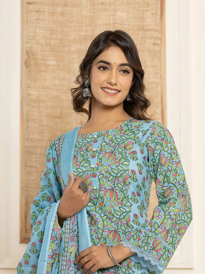 Women's Sky Blue Cotton Sky Blue Leaf Print Cotton Pakistani Style Kurta And Trousers With Dupatta by Yufta, suitable for wholesale buyers, boutiques, retailers, resellers and bulk fashion orders from Trendphoria