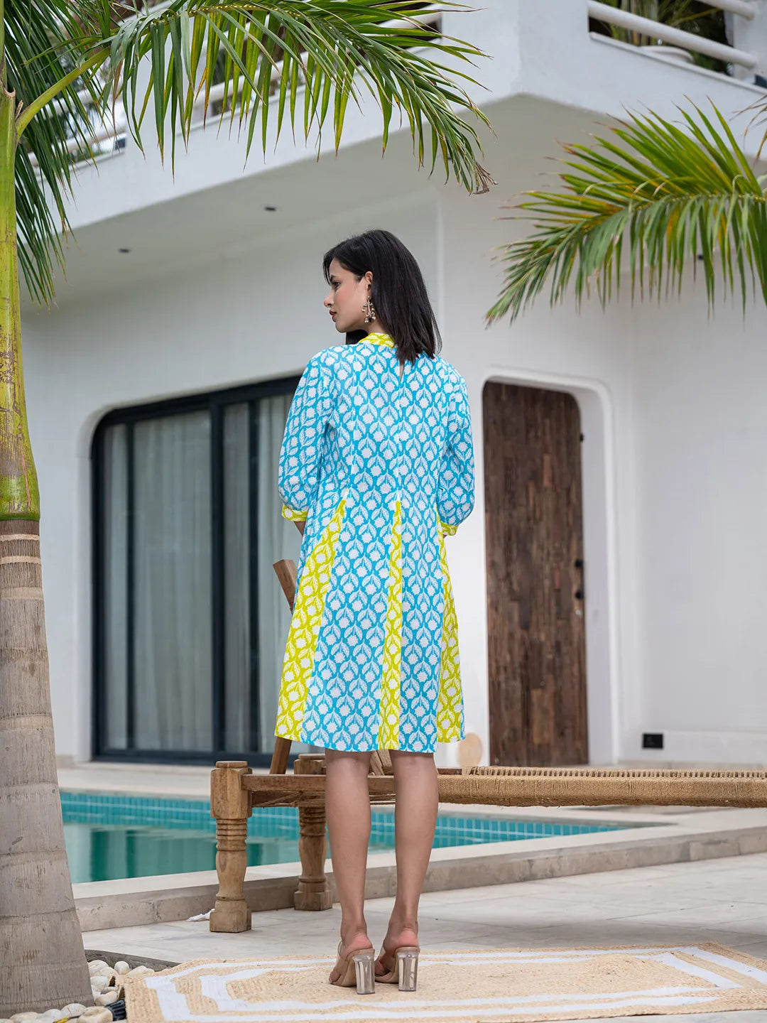 Sky Blue & Lime Green Pure Cotton Colour Blocking Dress