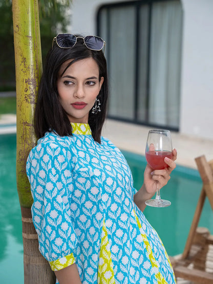 Sky Blue & Lime Green Pure Cotton Colour Blocking Dress