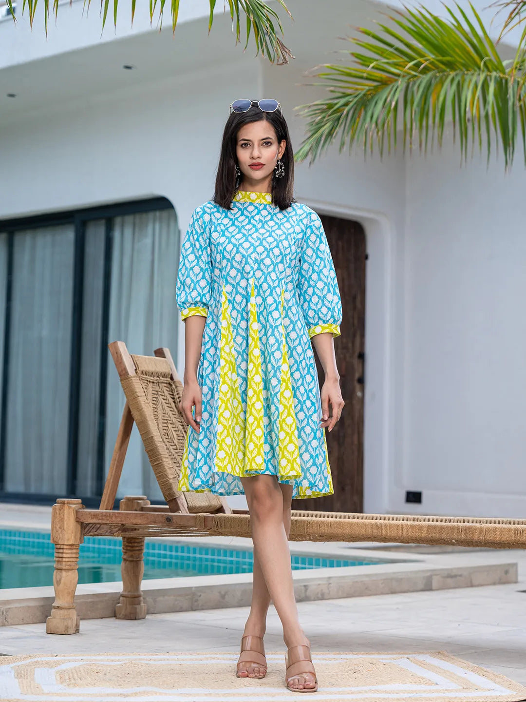 Sky Blue & Lime Green Pure Cotton Colour Blocking Dress