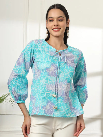 Sky Blue Printed Cotton Peplum Top