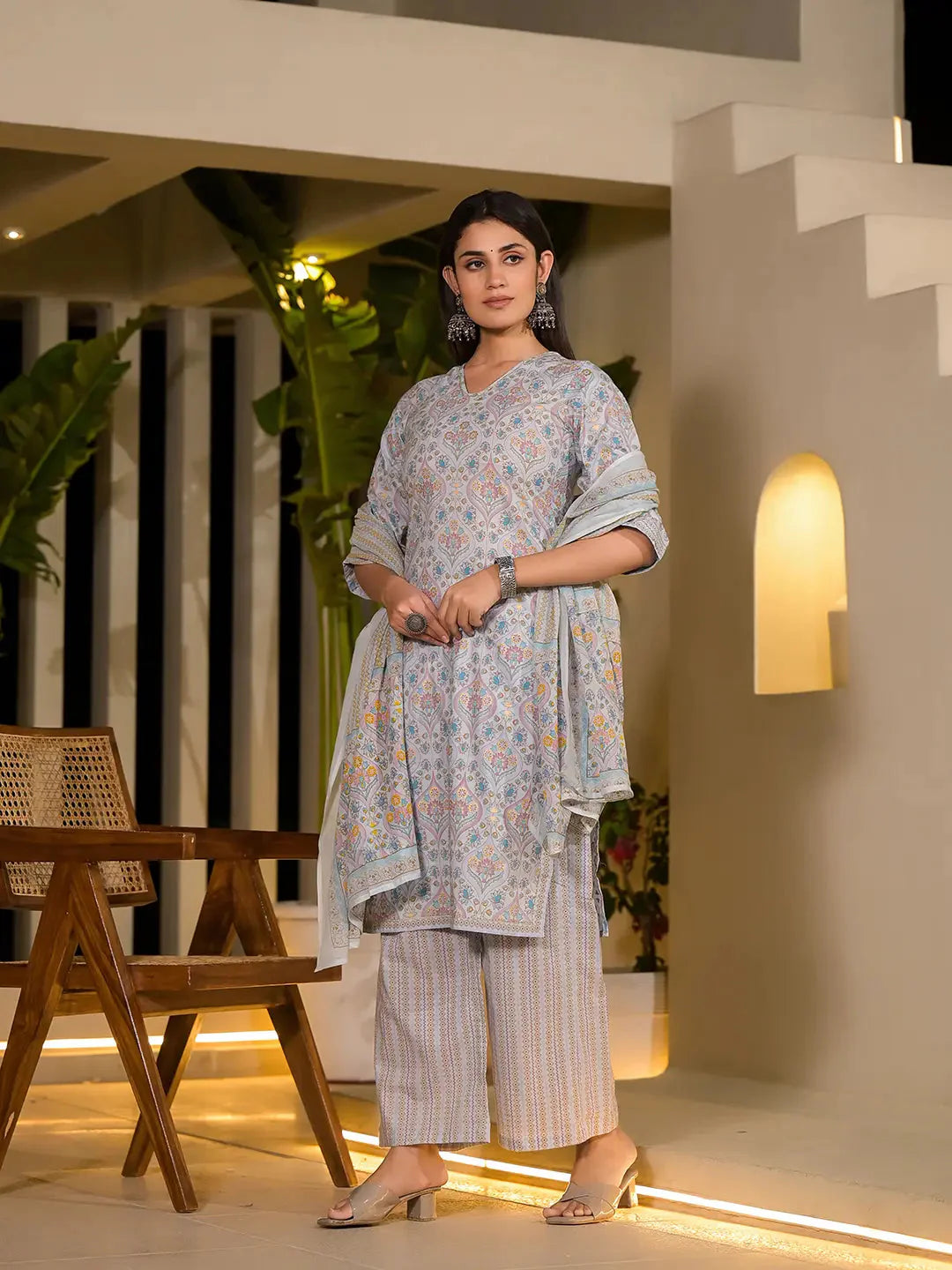 Sky Blue Pure Cotton Floral Print Straight Kurta With Palazzo And Dupatta Set
