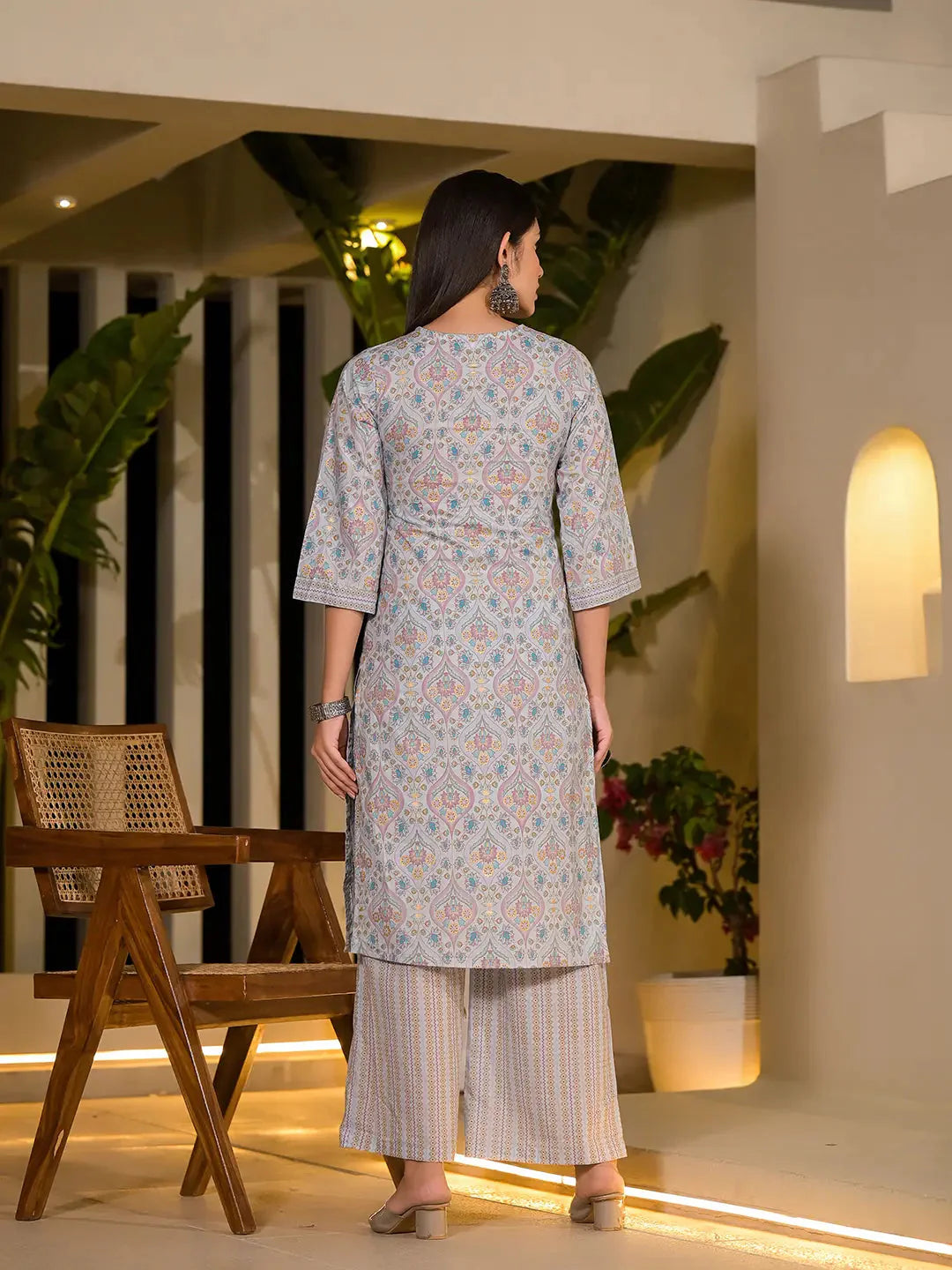 Sky Blue Pure Cotton Floral Print Straight Kurta With Palazzo And Dupatta Set