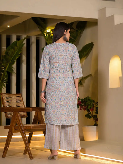 Sky Blue Pure Cotton Floral Print Straight Kurta With Palazzo And Dupatta Set