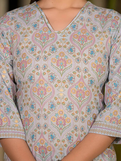 Sky Blue Pure Cotton Floral Print Straight Kurta With Palazzo And Dupatta Set