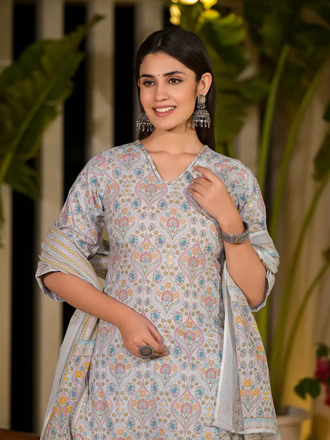 Sky Blue Pure Cotton Floral Print Straight Kurta With Palazzo And Dupatta Set