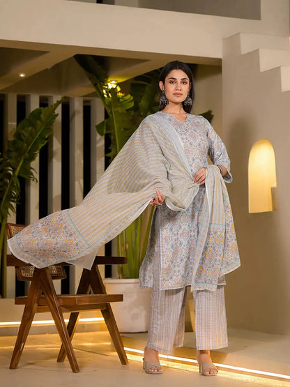 Sky Blue Pure Cotton Floral Print Straight Kurta With Palazzo And Dupatta Set