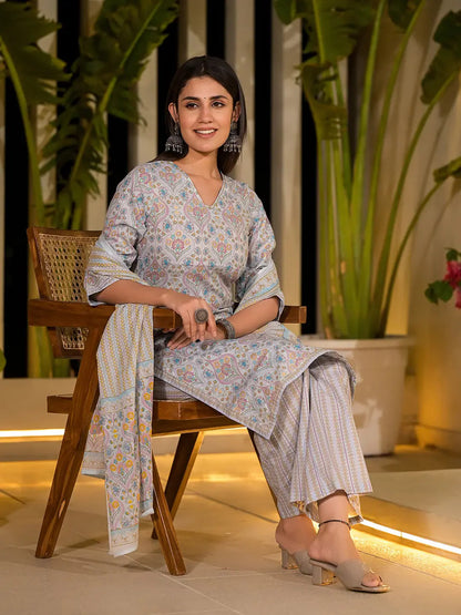 Sky Blue Pure Cotton Floral Print Straight Kurta With Palazzo And Dupatta Set
