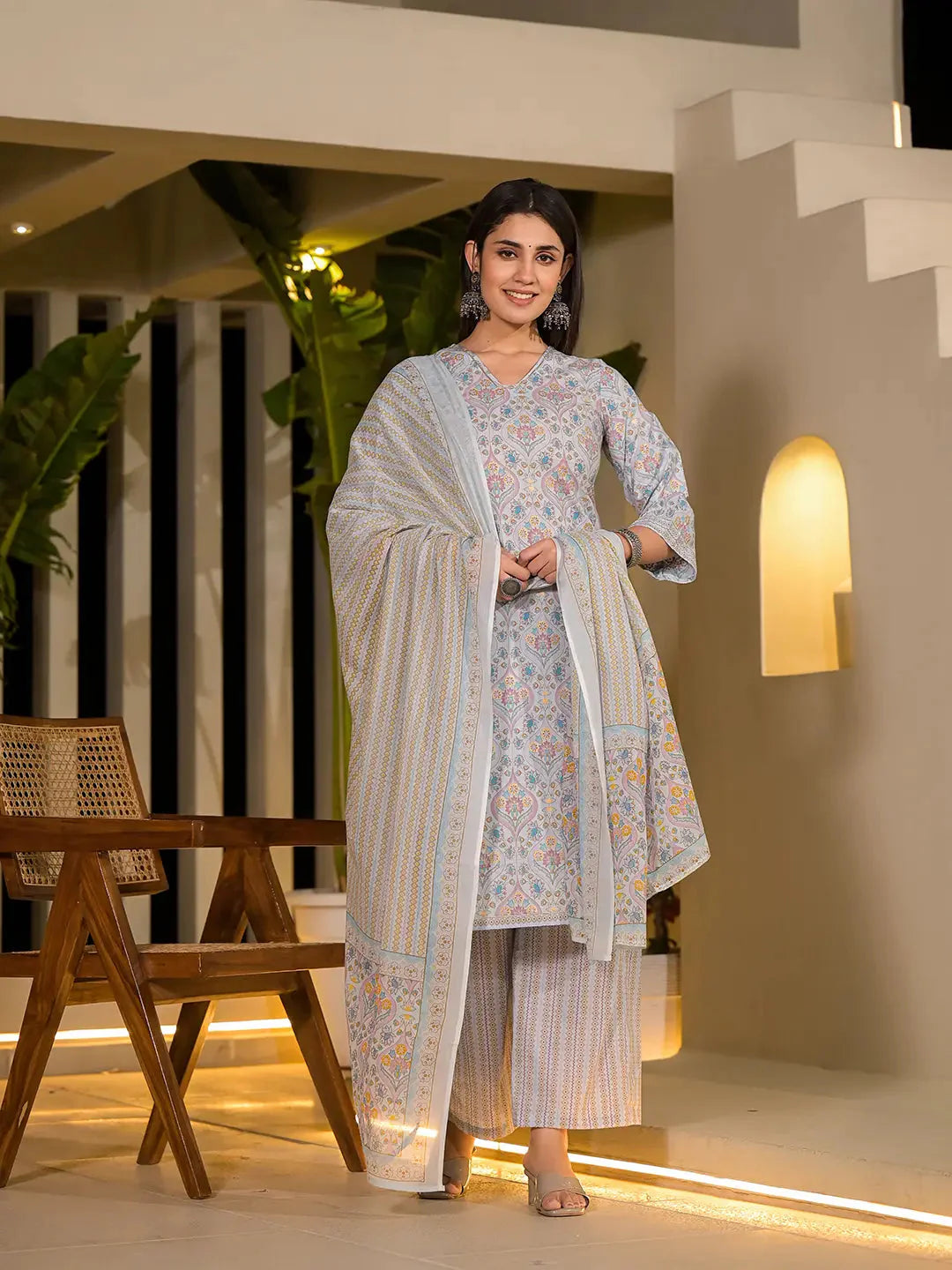 Women's Sky Blue Cotton Sky Blue Pure Cotton Floral Print Straight Kurta With Palazzo And Dupatta Set by Yufta, suitable for wholesale buyers, boutiques, retailers, resellers and bulk fashion orders from Trendphoria