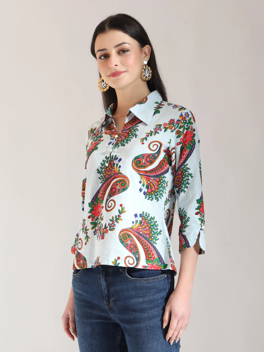 Sky Blue Pure Cotton Paisley Peplum Top