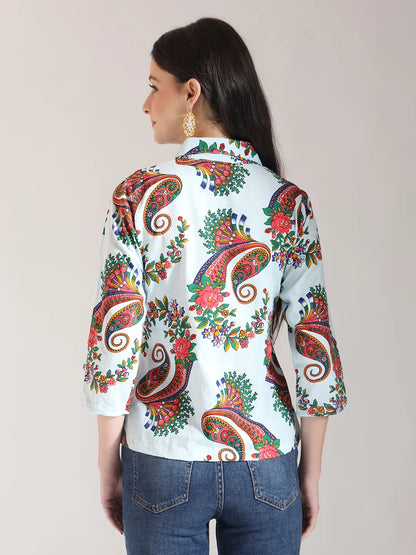 Sky Blue Pure Cotton Paisley Peplum Top