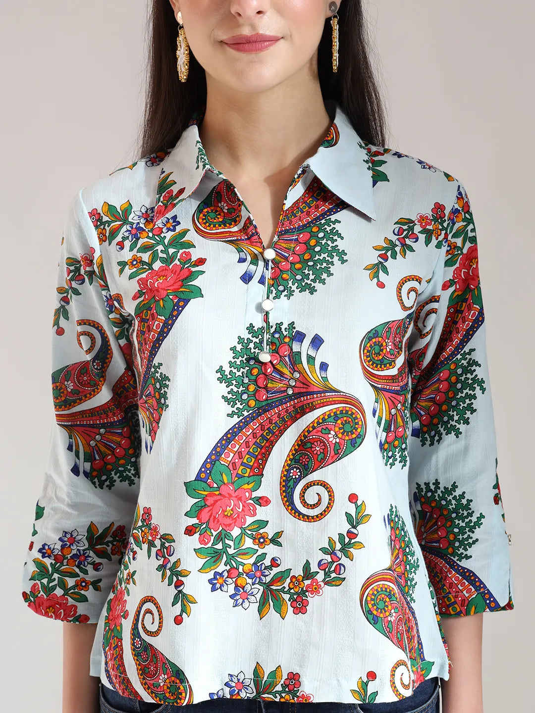 Sky Blue Pure Cotton Paisley Peplum Top