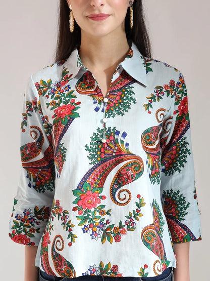 Sky Blue Pure Cotton Paisley Peplum Top