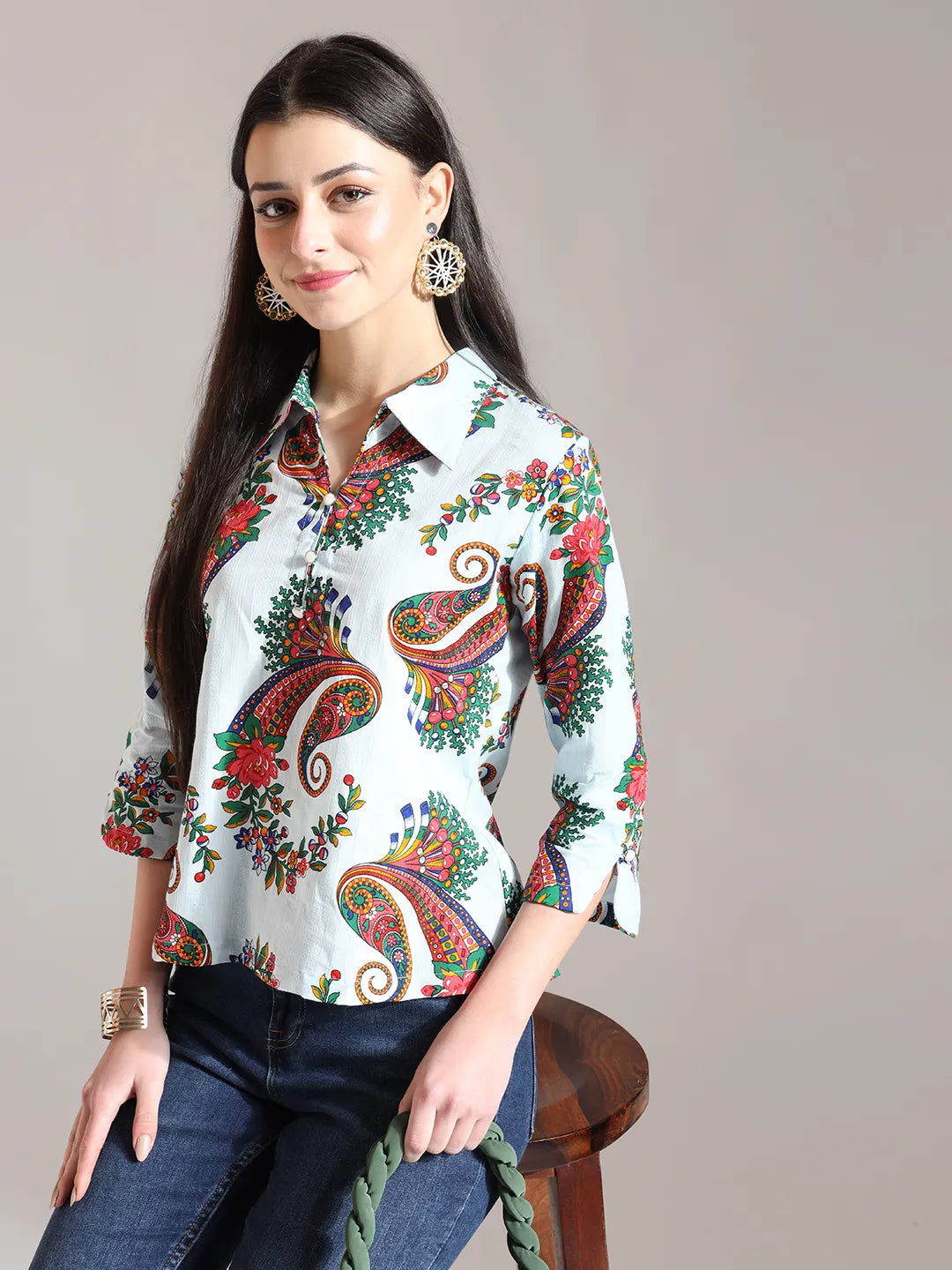 Sky Blue Pure Cotton Paisley Peplum Top