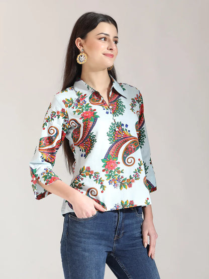 Sky Blue Pure Cotton Paisley Peplum Top