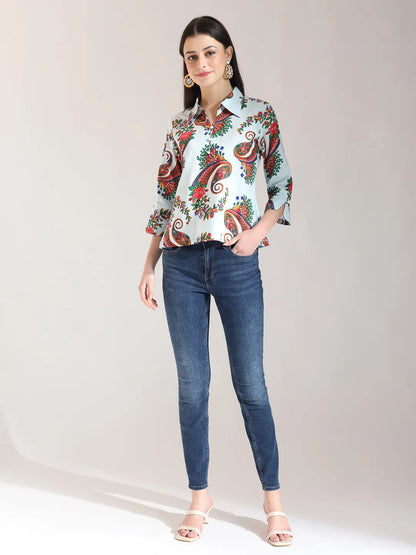 Sky Blue Pure Cotton Paisley Peplum Top