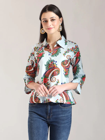 Sky Blue Pure Cotton Paisley Peplum Top