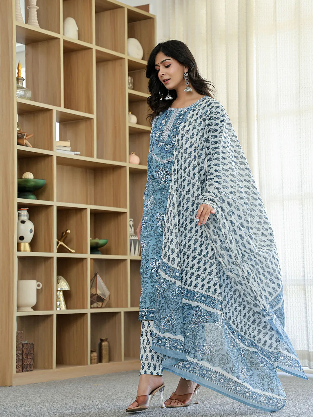 Sky Blue Pure Cotton Straight Kurta Dupatta Set With Lacework