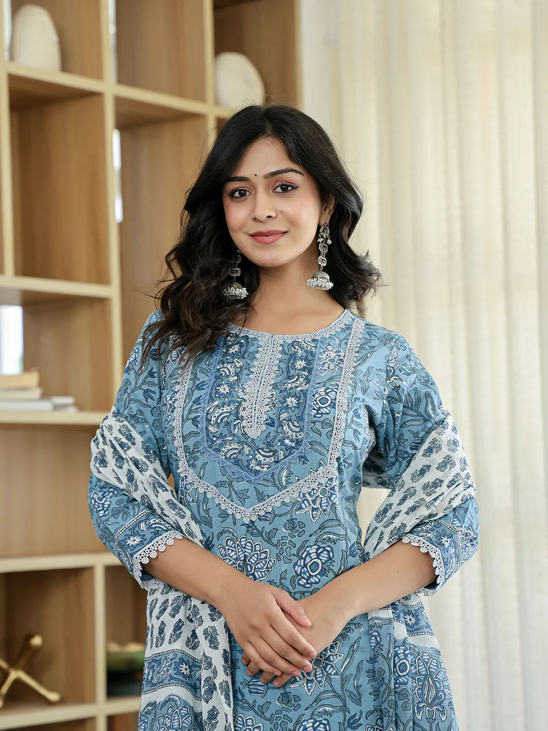 Sky Blue Pure Cotton Straight Kurta Dupatta Set With Lacework