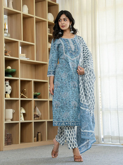 Sky Blue Pure Cotton Straight Kurta Dupatta Set With Lacework