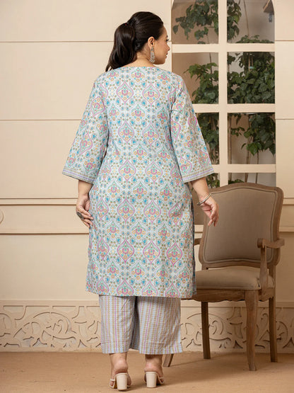 Sky Blue Pure Cotton Straight Plus Size Kurta With Palazzo Dupatta Set