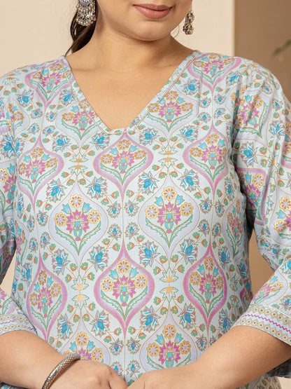 Sky Blue Pure Cotton Straight Plus Size Kurta With Palazzo Dupatta Set
