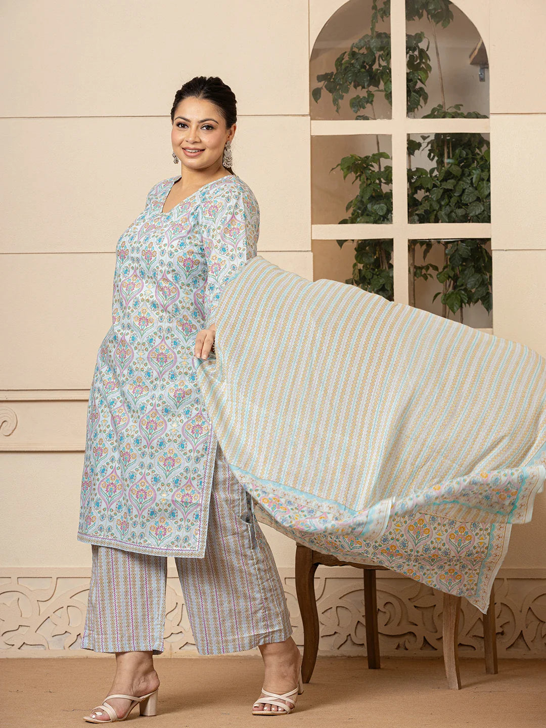 Sky Blue Pure Cotton Straight Plus Size Kurta With Palazzo Dupatta Set