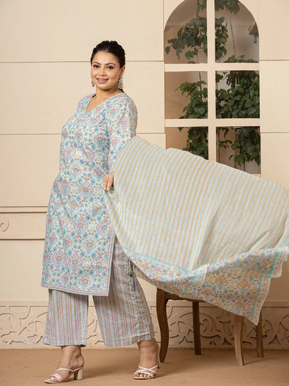Sky Blue Pure Cotton Straight Plus Size Kurta With Palazzo Dupatta Set