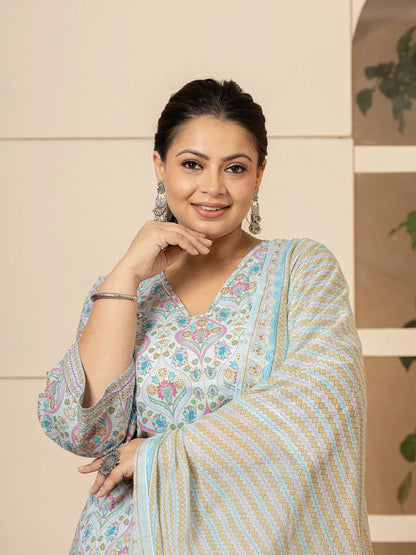 Sky Blue Pure Cotton Straight Plus Size Kurta With Palazzo Dupatta Set