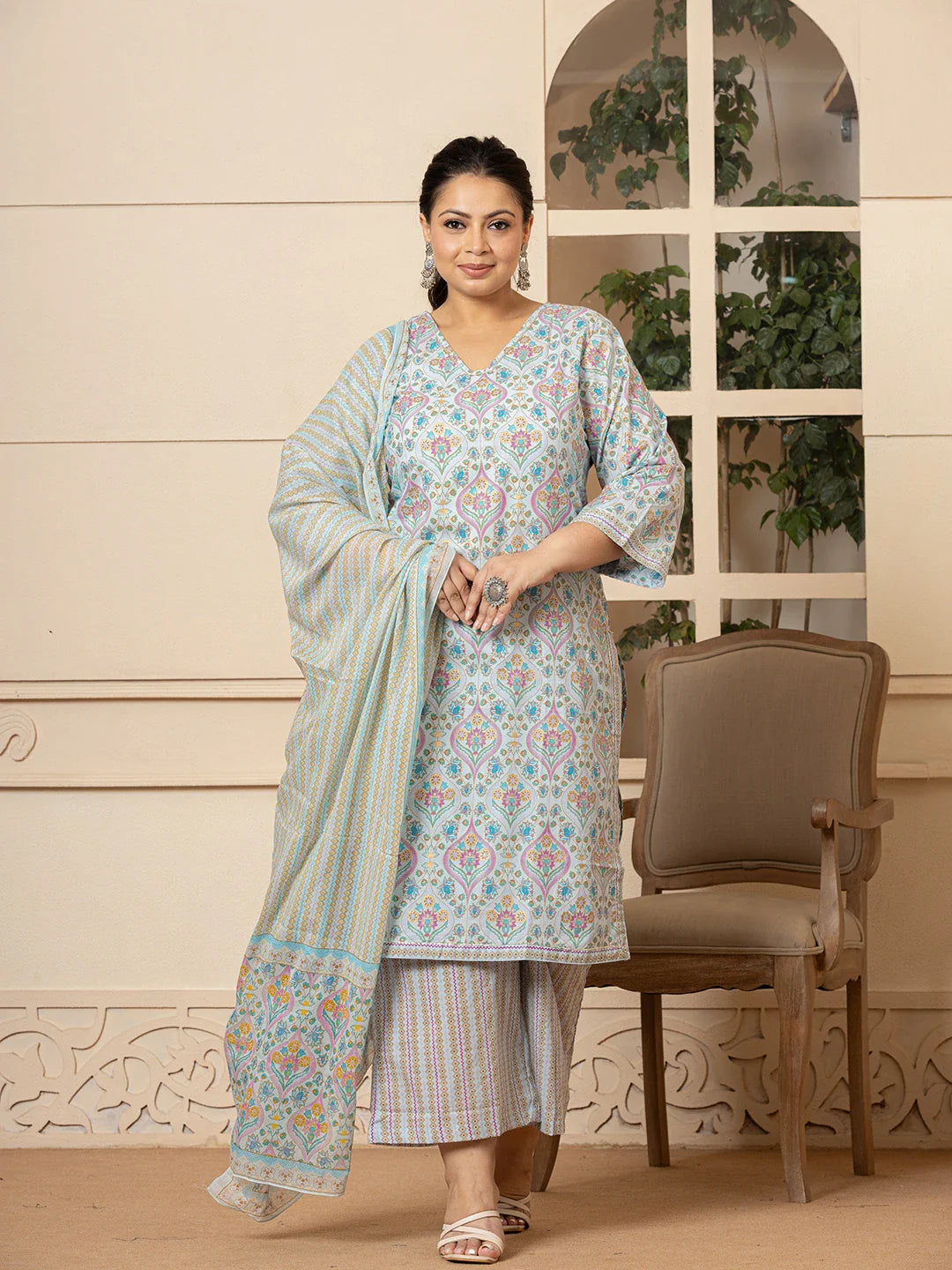 Women's Sky Blue Cotton Sky Blue Pure Cotton Straight Plus Size Kurta With Palazzo Dupatta Set by Yufta, suitable for wholesale buyers, boutiques, retailers, resellers and bulk fashion orders from Trendphoria