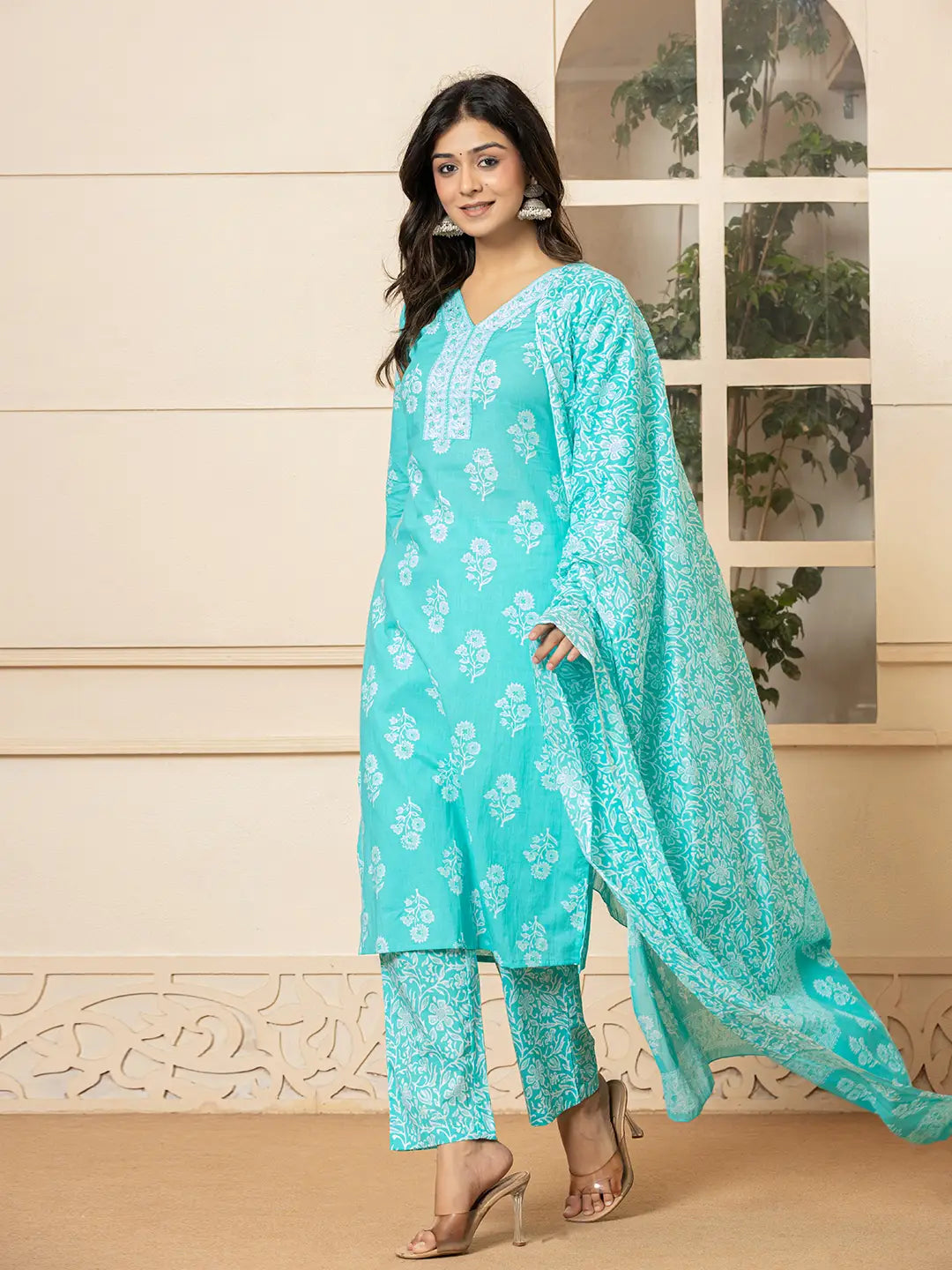 Sky Blue Sequins Work Pure Cotton Straight Kurta Dupatta Set