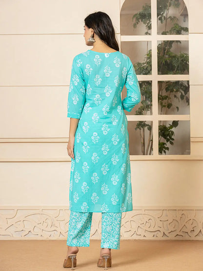 Sky Blue Sequins Work Pure Cotton Straight Kurta Dupatta Set