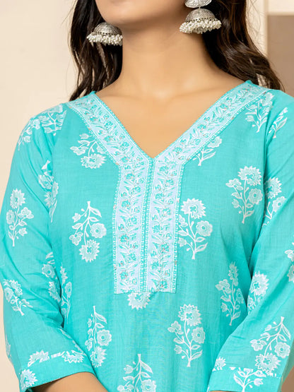 Sky Blue Sequins Work Pure Cotton Straight Kurta Dupatta Set