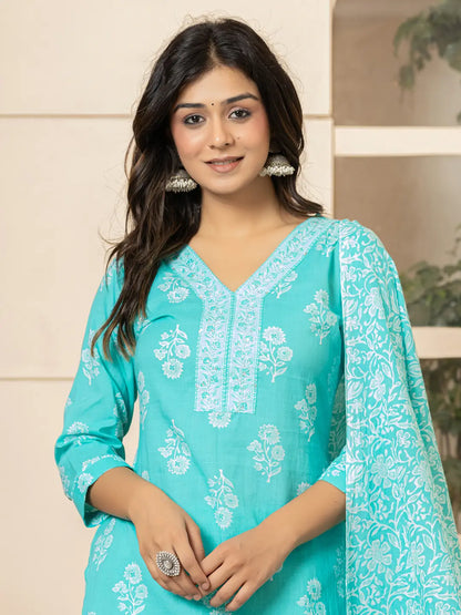 Sky Blue Sequins Work Pure Cotton Straight Kurta Dupatta Set
