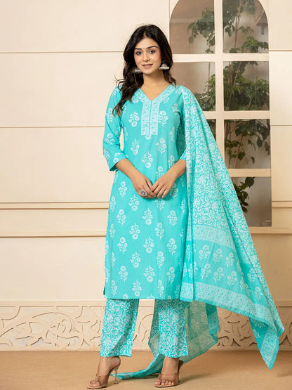Sky Blue Sequins Work Pure Cotton Straight Kurta Dupatta Set