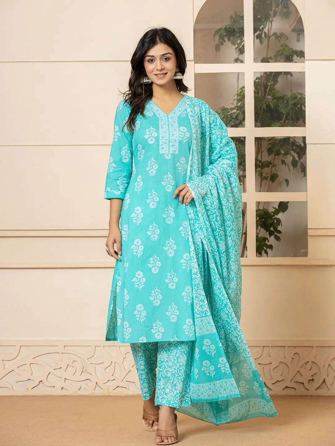 Women's Sky Blue Cotton Sky Blue Sequins Work Pure Cotton Straight Kurta Dupatta Set by Yufta, suitable for wholesale buyers, boutiques, retailers, resellers and bulk fashion orders from Trendphoria