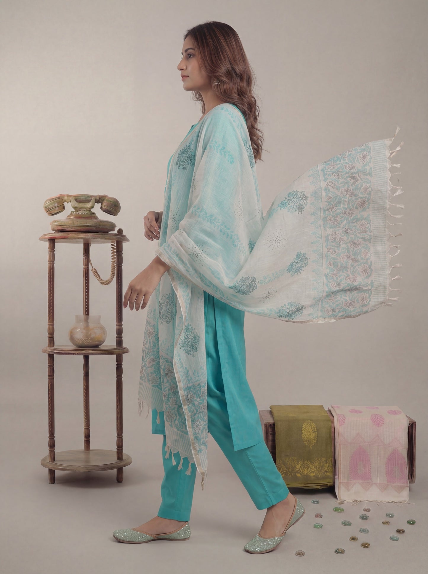 Silk Blend Straight Kurta Pant With Handblock Print Kota Doriya Dupatta Set