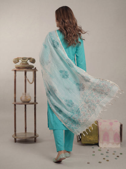 Silk Blend Straight Kurta Pant With Handblock Print Kota Doriya Dupatta Set