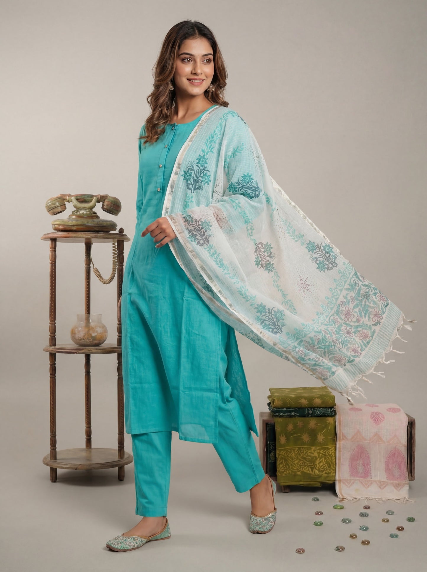 Silk Blend Straight Kurta Pant With Handblock Print Kota Doriya Dupatta Set