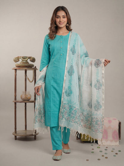 Silk Blend Straight Kurta Pant With Handblock Print Kota Doriya Dupatta Set