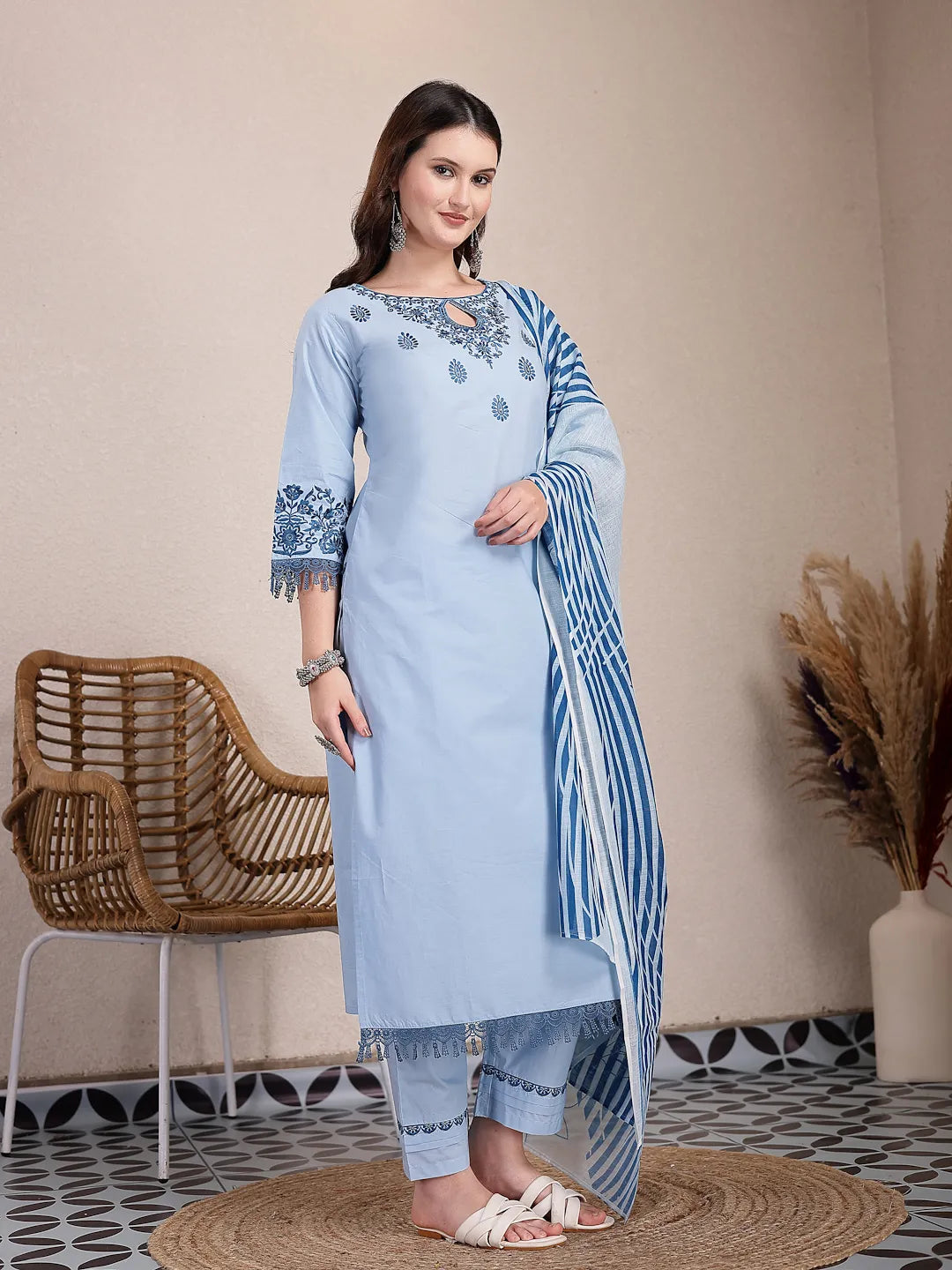 Sky Blue Solid Thread Work Straight Kurta Trouser Dupatta Set