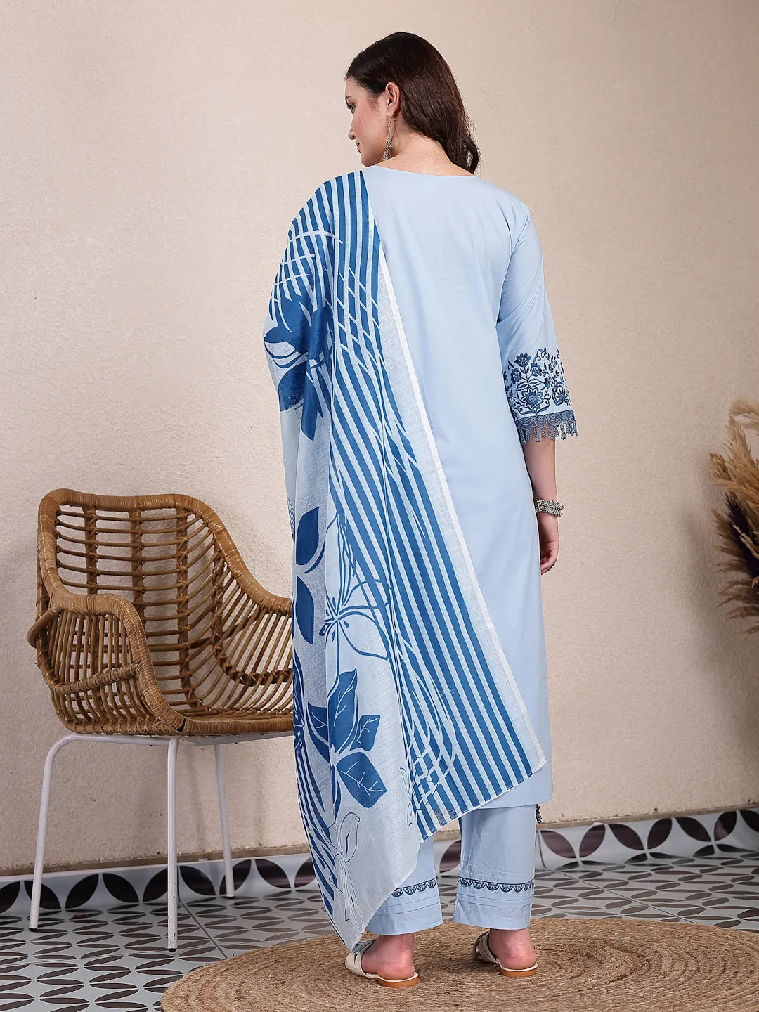 Sky Blue Solid Thread Work Straight Kurta Trouser Dupatta Set