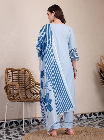 Sky Blue Solid Thread Work Straight Kurta Trouser Dupatta Set