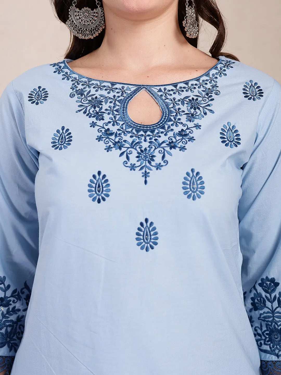 Sky Blue Solid Thread Work Straight Kurta Trouser Dupatta Set