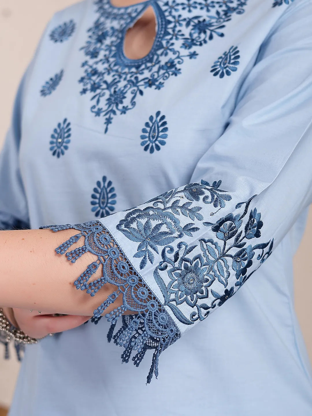 Sky Blue Solid Thread Work Straight Kurta Trouser Dupatta Set