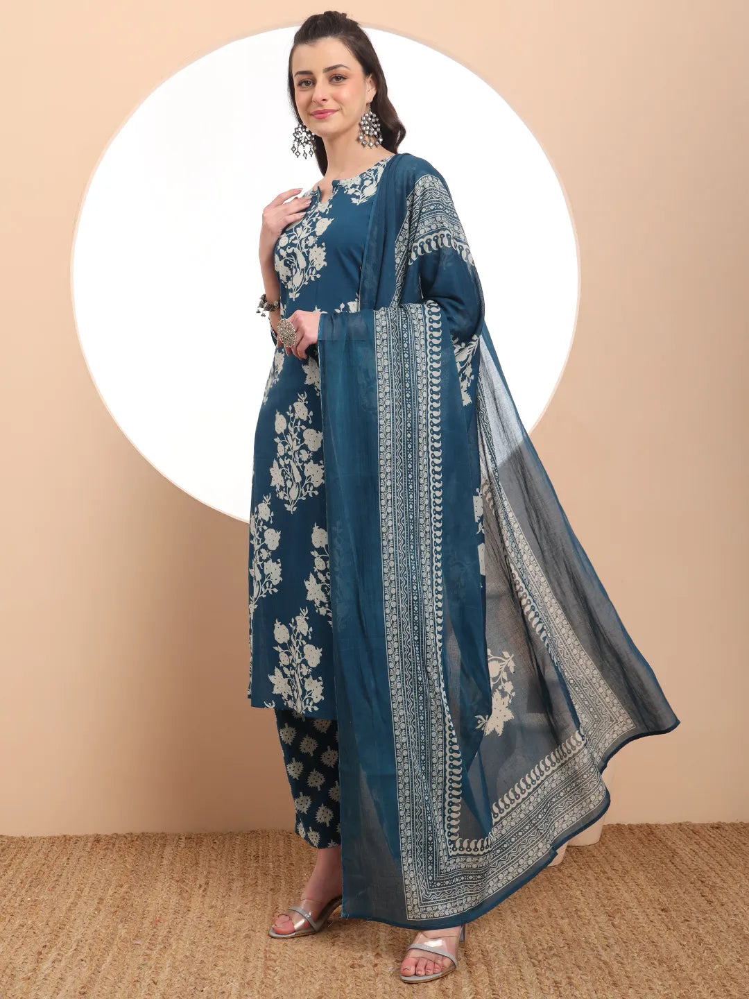 Teal Cotton Block Print Straight Kurta Set