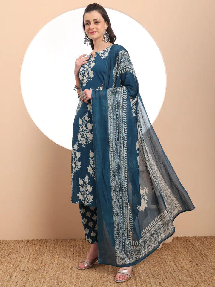 Teal Cotton Block Print Straight Kurta Set