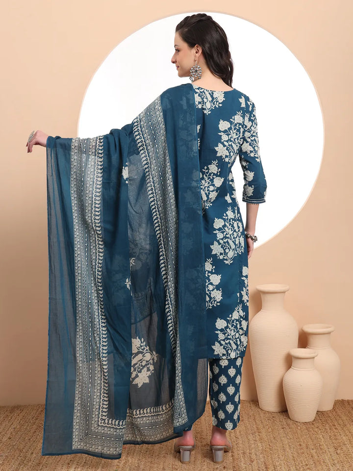 Teal Cotton Block Print Straight Kurta Set
