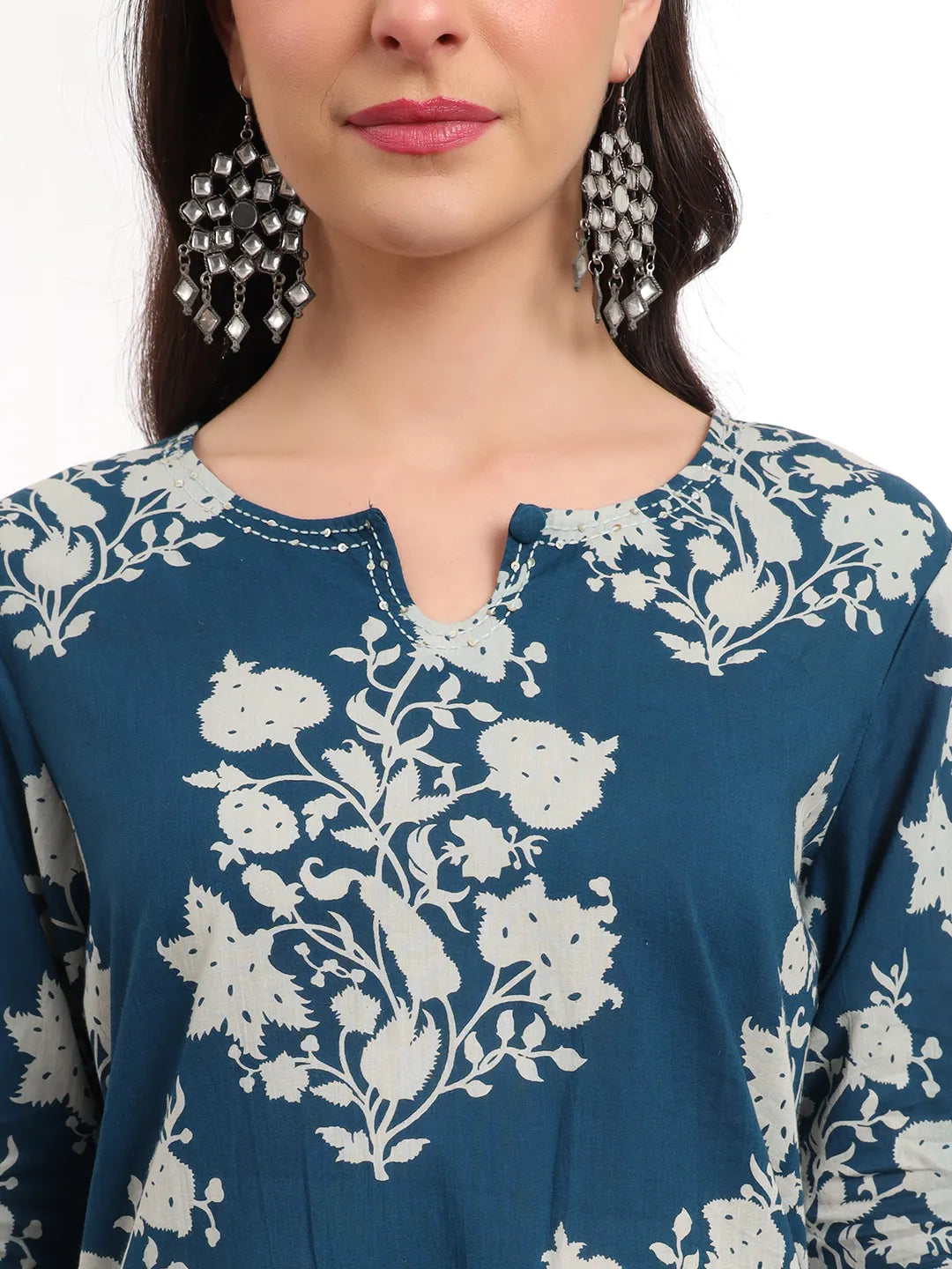 Teal Cotton Block Print Straight Kurta Set